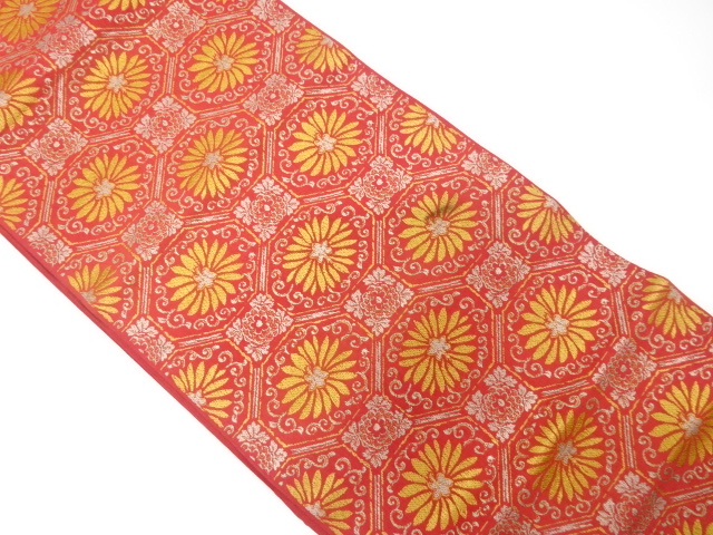 JAPANESE KIMONO / ANTIQUE FUKURO OBI / SILK / WOVEN FLOWER SHIPPO PATTERN